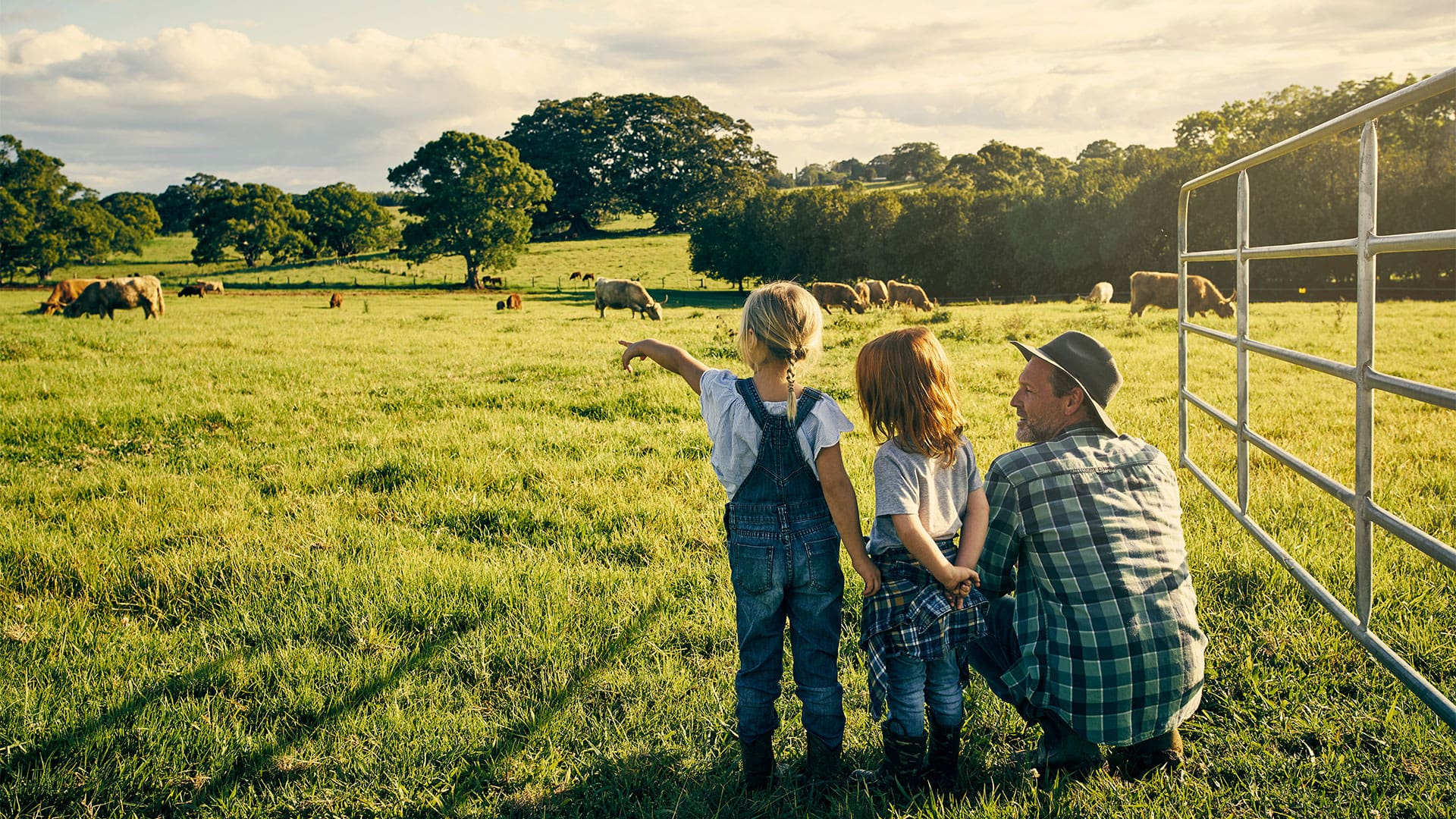 A father squats by a paddock gate beside his two young daughters who are pointing towards cattle in the distance.